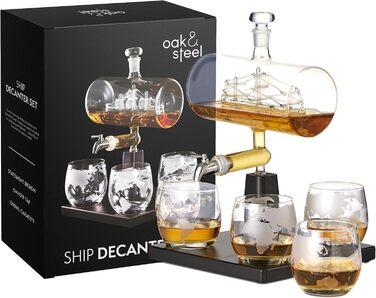 Декантер для віскі Oak & Steel у формі корабля 1000 мл з краном із нержавіючої сталі та 4 склянками – подарунковий набір для чоловіків на День народження, Валентина, День батька