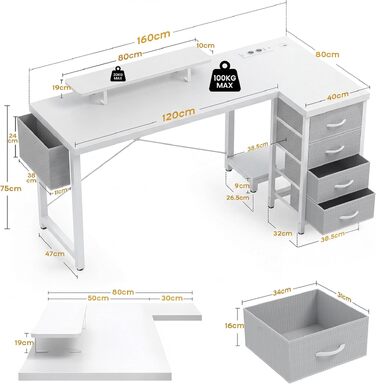 Кутовий офісний стіл Claiks з 4 ящиками, USB-зарядкою та розеткою, 140x80 см, білий. L-подібний стіл з полицею для монітора
