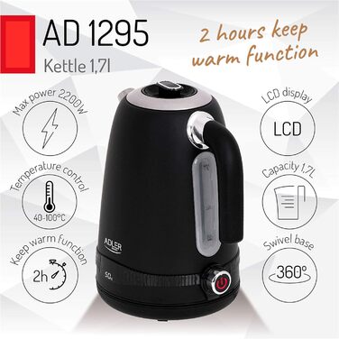 Електрочайник Adler AD 1295b, 1,7 л, нержавійка, LCD-дисплей, терморегулятор, чорний