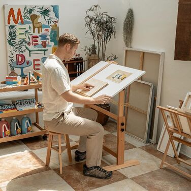 Мольберт-стіл MEEDEN з білою дошкою, 90×60 см, масив бука, для художників і творчості, нахил, для дорослих, стабільний