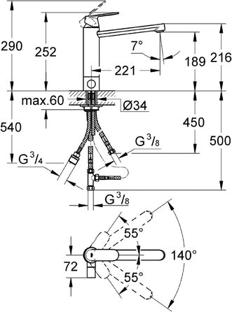Змішувач кухонний GROHE Eurosmart Cosmopolitan 31180000: поворотний 360°, економія води, хромований