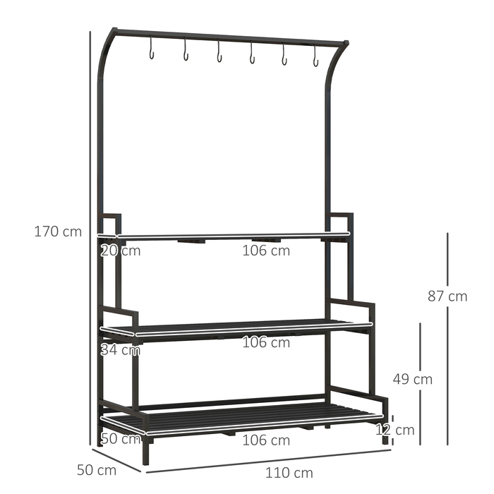 Outsunny Plant Stand Підставка для квітів з 3 ярусами та 6 гачками, сталеві сходи для рослин у чорному кольорі, 110x50x170см для саду та балкона