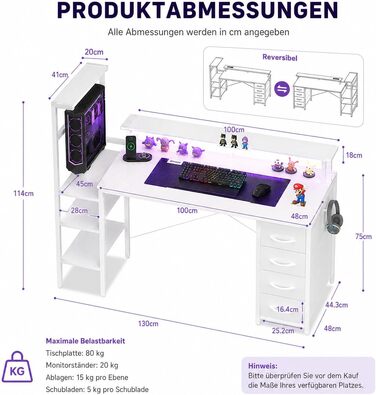 Ігровий стіл APICIZON 150 см з полицею, підставкою для монітора та RGB-підсвіткою, білий. Комп'ютерний стіл з USB, тримачем для навушників та підставки для напоїв, карбоновий дизайн.