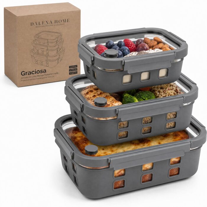 Набір скляних контейнерів для їжі Meal Prep Graciosa (3 шт), герметичні з кришками, об'ємом 640 мл, 1020 мл та 1520 мл
