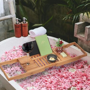 Полиця для ванни Relaxdays, бамбук, розсувна 70-105 см, з підставкою для книги і тримачем для келиха, натуральний/чорний