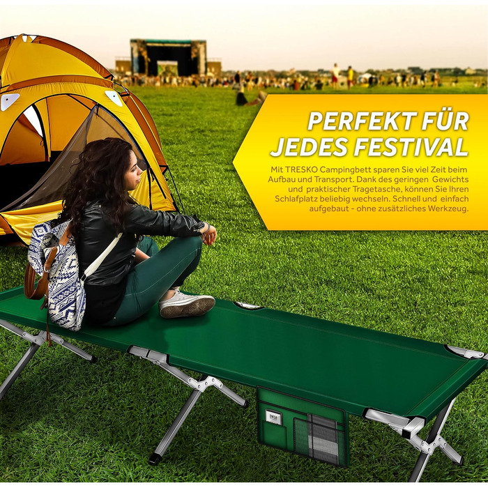 Розкладне кемпінгове ліжко TRESKO XXL металеве, посилене (до 150 кг), 210 x 90 x 42 см, зелене