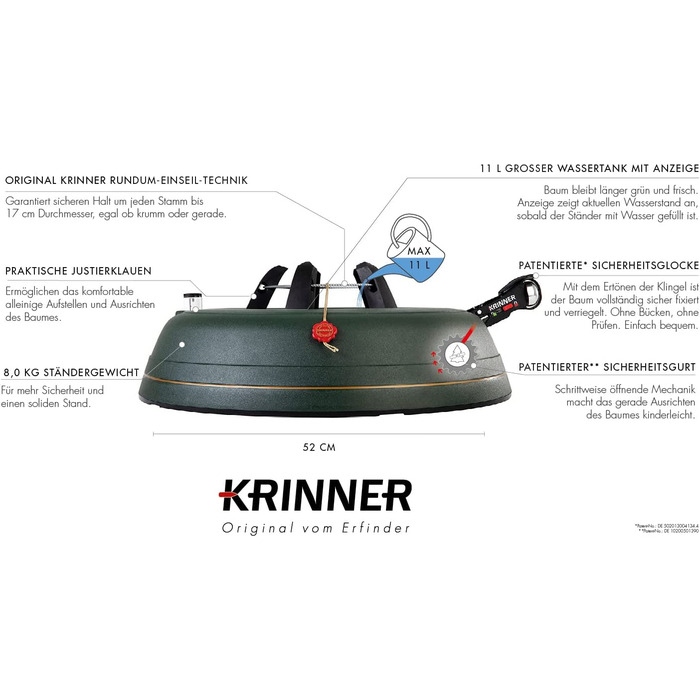 Підставка для ялинки KRINNER Ultra Grip XXL з механізмом Einseiltechnik, педаллю та замком-дзвоном, об'єм 11 л, висота ялинки до 4 м, Made in Germany, зелений матовий колір
