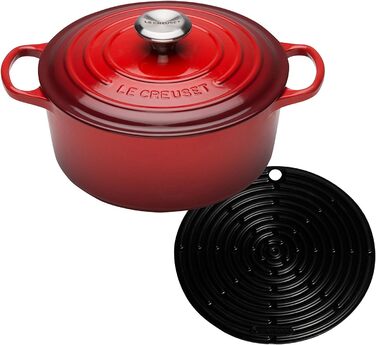 Le Creuset круглий чавунний жаровий посуд Signature 20 см, вишневий + силіконова прихватка кругла чорна