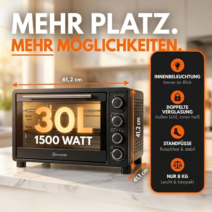 Міні-духовка Sommertal з конвекцією та фритюрницею 30л, 1800W для випічки, грилю та піци