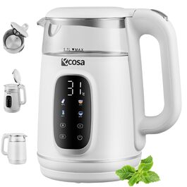 Електрочайник Ecosa® зі скляною колбою та регулюванням температури, 1.7 л, 2200 Вт, не містить BPA, з підігрівом та LED-підсвічуванням (Woldo White)