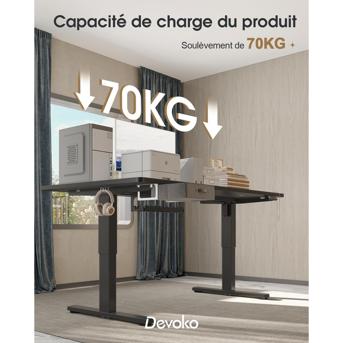 Регульований стіл Devoko 160x80 см з висувними ящиками, USB-порт, органайзер для кабелів, стіл для комп'ютера з 3-ма режимами пам'яті, білий (чорний)