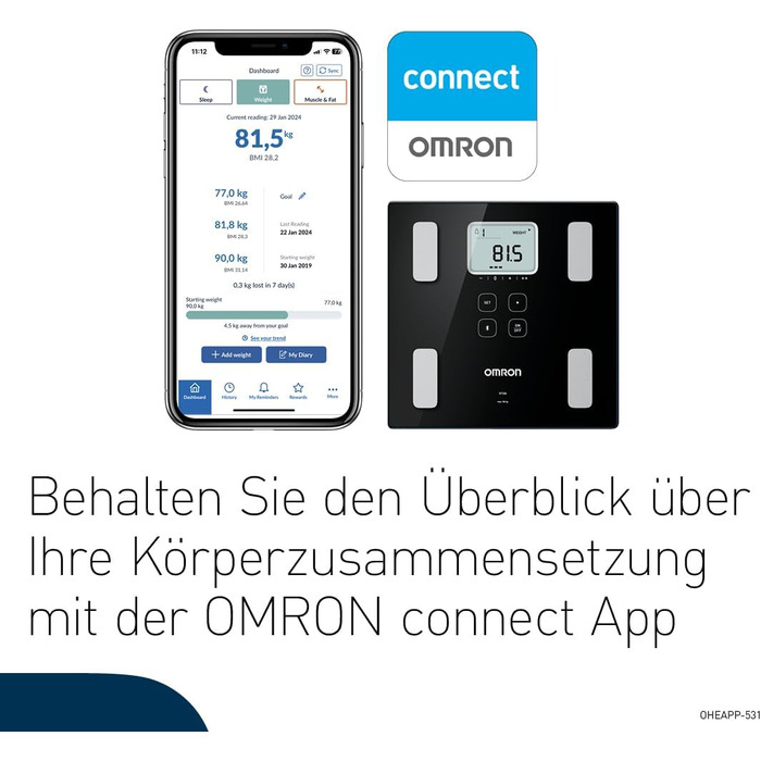 OMRON VIVA – розумні ваги-аналізатор складу тіла з Bluetooth, додатком, вимірюванням жиру, ваги, вісцерального жиру, м’язової маси, базального метаболізму та ІМТ; для 4 користувачів, тонометр з Bluetooth; рейтинг 'Добре' 10/24 від Stiftung Warentest