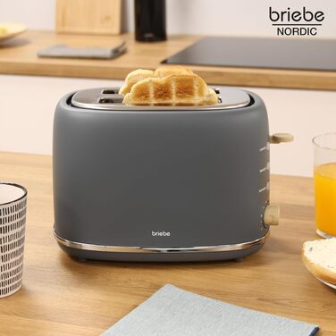 Тостер Briebe Nordic Set 2-слотовий з підставкою для булочок, 6 рівнів підсмажування + Електричний чайник 1.7л 2200Вт, Швидке нагрівання, BPA-free, Сірий