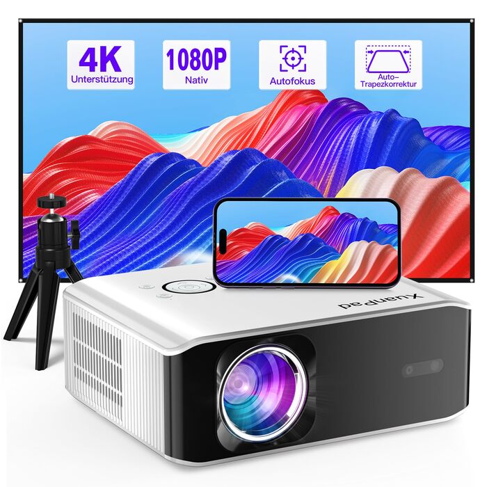 Проектор Smart Mini Beamer 4K XuanPad 28000 Люмен з автофокусом TOF, трапецеїдальною корекцією, WiFi 6, Bluetooth, для дому/вулиці (білий)