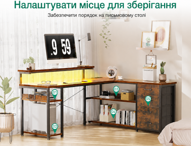Кутовий письмовий стіл ODK з шухлядами, LED-підсвіткою, розетками та USB,  вінтажно- коричневий 155×110 см, для домашнього офісу