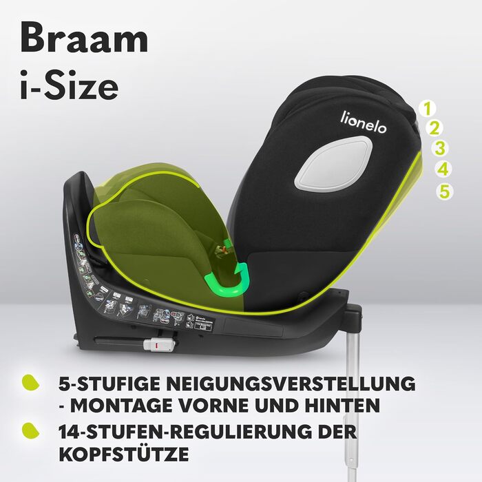 Дитяче автокрісло Lionelo Braam i-Size 360° ISOFIX, 0-36 кг, обертальне, регульована підголівник і спинка, з редукційною вставкою, чорне