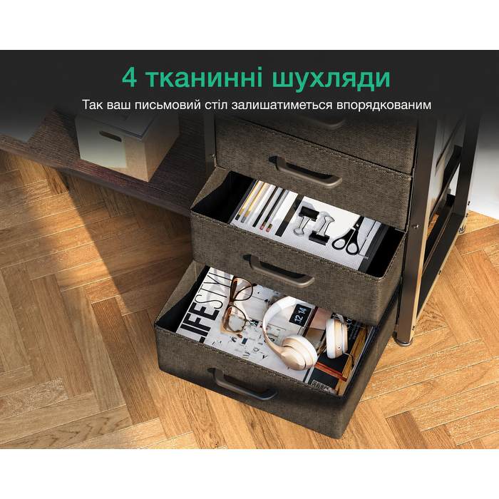 Письмовий стіл ODK з шухлядами, L-подібний кутовий стіл з 2 розетками та 2 USB-портами для зарядки, офісний стіл з LED-підсвічуванням для дому та офісу 155×110 см (Дерево дуб сірий)