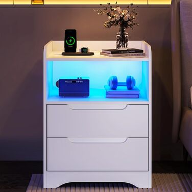 Тумба приліжкова Brinlawb з LED-підсвіткою та зарядкою, 2 шт, 2 шухляди, 1 відкрита полиця, білий колір, для спальні та вітальні, 35x40x58 см