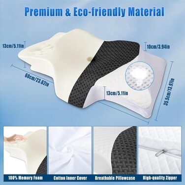 Подушка ортопедична SAHEYER з піни Memory Foam для шиї та голови, 60x35.5x10/13 см, сіра. Для зручного сну на боці.