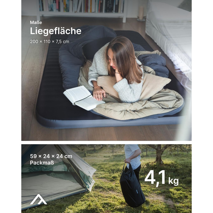 Самонадувний кемпінговий матрац qeedo Cloudmat Premium — двоподібний комфортний килимок з Soft Touch поверхнею та подвійним вентилем, темно-синій (Double M)