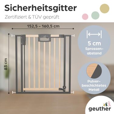 Захисний бар'єр Geuther Easylock Plus для сходів та дверей (152,5-160,5 см) - дерев'яно-металевий, без свердління, двосторонній, сірий/натуральний