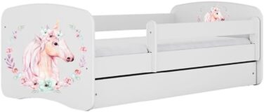 Дитяче ліжко Kids Collective 160x80 см з матрацом, бортиком, ламельною основою та шухлядою, біле, для дівчинки, рожеве з малюнком коня