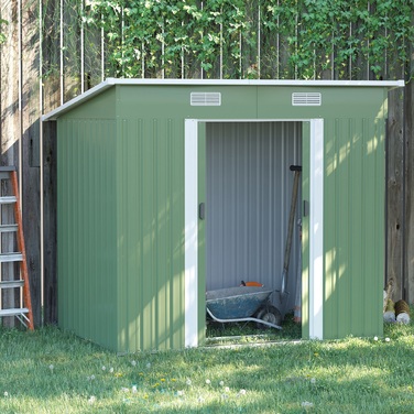 Сховище для інструментів Outsunny з металу, 2,3 м², розміром 207 x 130 x 182 см, з похилим дахом, вікном, фундаментом та розсувними дверима, стійке до погодних умов. Садовий будиночок, присадибний сарай для заднього двору, зелений колір | Aosom