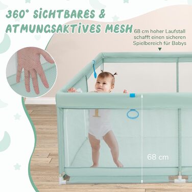 Дитячий манеж DREAMADE 200x180 см з 50 м'ячиками та 4 ручками, складаний, з дихаючим мережем, для дітей 0-36 місяців (зелений)