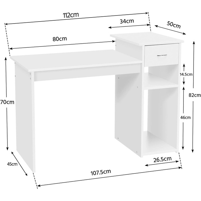 Стіл для комп'ютера Yaheetech 112x82x50 см, білий, з висувною шухлядою та 2 полицями з МДФ, офісний письмовий стіл