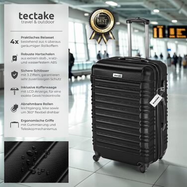 Набір валіз Tectake 4шт: S, M, L, XL з ABS пластику, з колесами, телескопічним ручками та замками. В комплекті вагова шалька та аксесуари для валіз. Чорний колір.