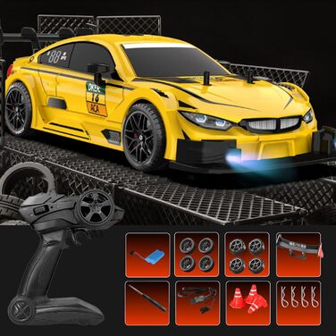 RC Автомобіль Goolsky 1/16 4WD Дрифт, 40 км/год, 2.4GHz, Регульована швидкість, Змінні шини для дрифту та гонок (Жовтий)