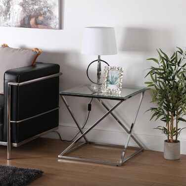 Стіл журнальний Versa Trento, скло і метал, срібний, 51x51x51 см, для вітальні, спальні чи кухні, сучасний низький стіл