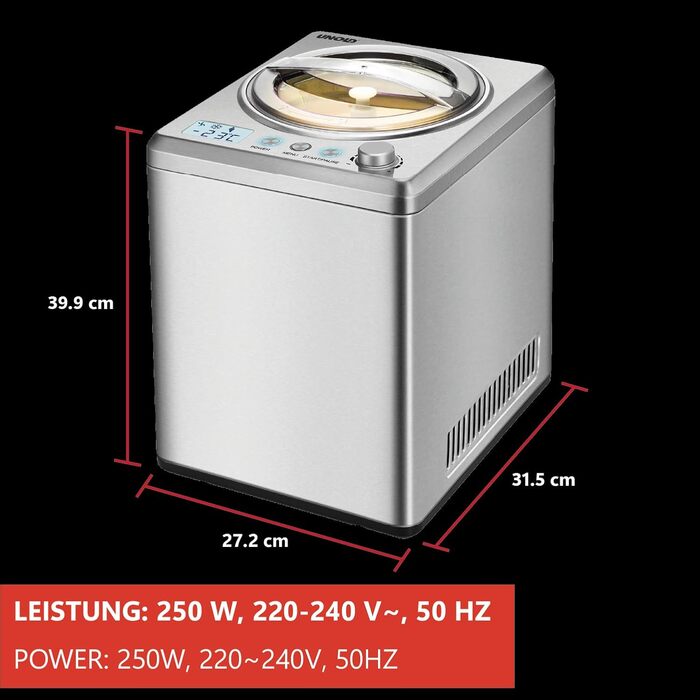 Морозивниця Unold Profi Plus 48880, 2.5 л, нерж. сталь, 250 Вт, автоматична, з компресором, LCD-дисплей, таймер, для веганського, безлактозного та стевієвого морозива