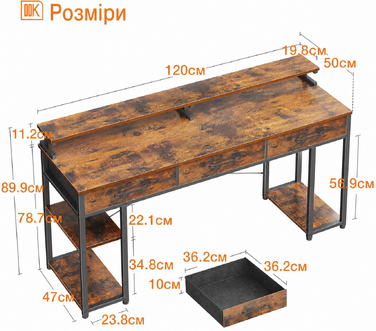 Письмовий стіл ODK з ящиками та полицею, 120x50x90 см, комп'ютерний стіл з підставкою для монітора, для дому та офісу, коричневий
