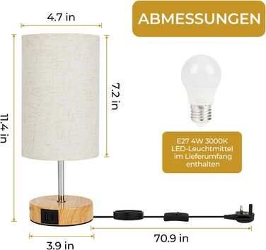 Настільна лампа Suright з сенсорним димером, USB A+C, набір 2 шт, лляний абажур, дерев'яна основа, LED-лампочка, для спальні та вітальні