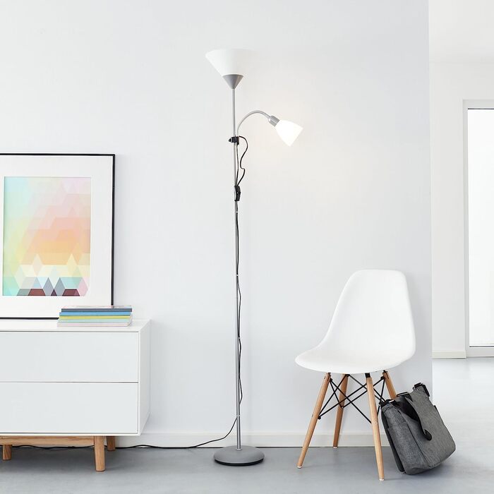Світильник Lightbox LED торшер з читальним плафоном, тепле біле світло, метал/пластик, хром/сірий/білий, 1,8 м, лампи в комплекті та замінні, 806/400 лм, з кутовим вимикачем