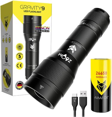 Ліхтарик AMAFOX G9 XENON Megabeam, надпотужний LED, тактичний, акумуляторний, з USB-C, чорний, для туризму та безпеки