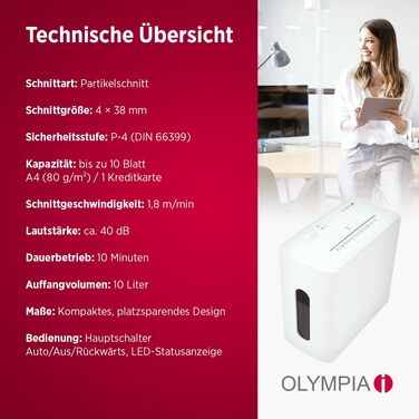 Шредер для паперу та кредитних карток Olympia CC 1010 S, знищення 10 аркушів, кошик 10 л, рівень секретності P4 (мікрорізка), білий
