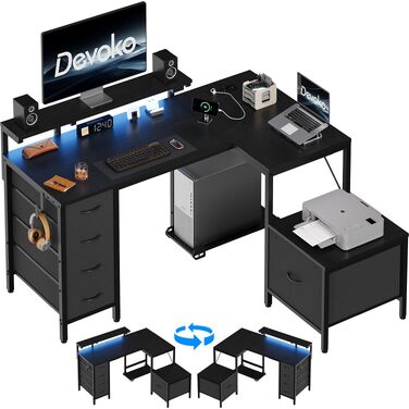 Кутовий стіл Devoko з розетками та USB, 160x120 см, 5 висувних ящиків, підставка під монітор, LED-підсвітка для дому та геймінгу, чорний