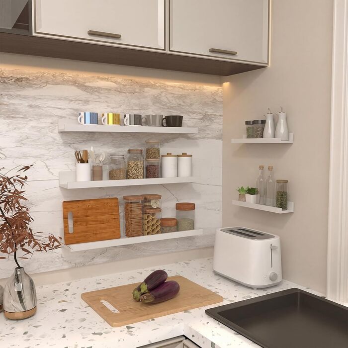 Полиця настінна Giftgarden 90 см дерев'яна, біла - набір з 5 шт. для вітальні, кухні, дитячої, спальні, офісу