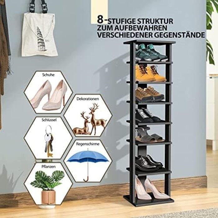 COSTWAY 8-рівнева регульована полиця для взуття з дерева, компактний вертикальний органайзер для взуття, кутова підставка для коридору чи передпокою, чорна, окрема