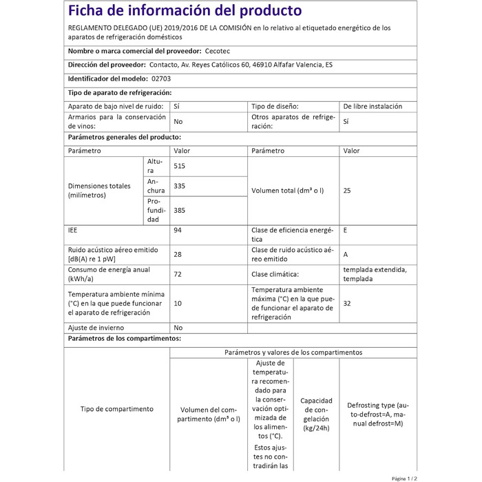Міні-холодильник Cecotec Bahamas Pat 25 л, 12V/220V, для авто і кемпінгу, охолодження та нагрів, температура 7-65°C, портативний
