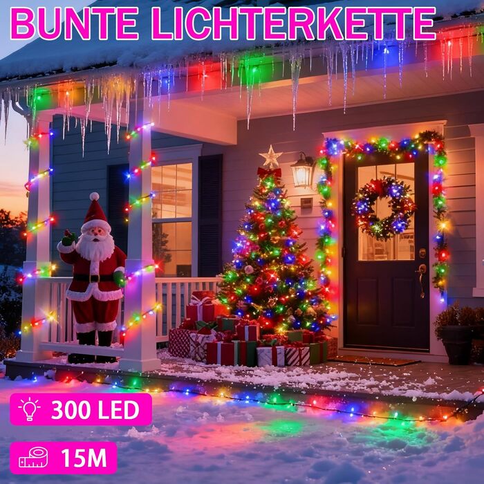 Кольорова світлодіодна гірлянда 300 LED (15м) для вулиці та дому, 8 режимів роботи, таймер, диммер, захист IP44, різдвяна ілюмінація для балкона та тераси