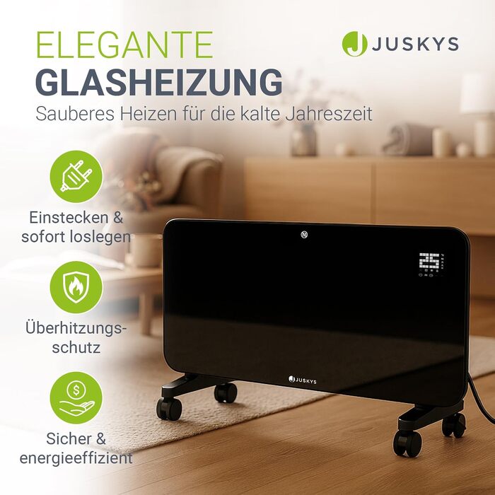 Скляний конвектор Juskys Glasheizung 2000W: електричний обігрівач зі стіновим та підлоговим кріпленням, керуванням через додаток, LED-дисплеєм, таймером та пультом ДК