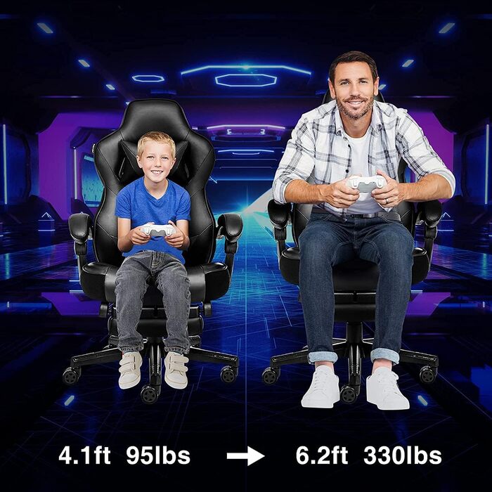 Ігрове крісло Fullwatt, ергономічне офісне крісло Racing з масажем, підставкою для ніг, регульованою спинкою 90-150°, знімною підголівником і поперековою подушкою, PU шкіра, чорне, люкс