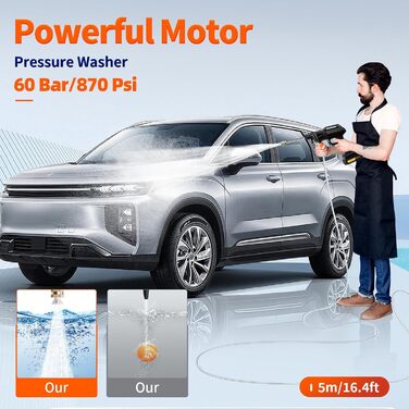 Акумуляторний мийний пістолет високого тиску 80 бар 270 л/год з 2x3000mAh акумуляторами, портативний, бездротовий, 6-в-1, з регульованою насадкою, шлангом 5м для авто та підлоги (чорний з відром)