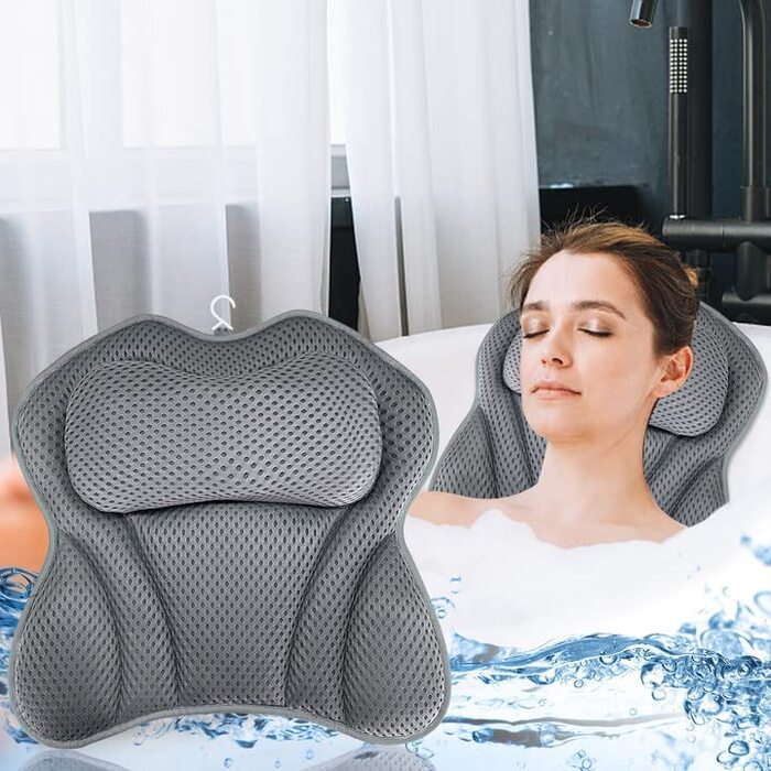 Подушка для ванни Purpledi з 4D-сіткою, ортопедична подушка для шиї та спини з 6 присосками, сірий, для домашнього СПА
