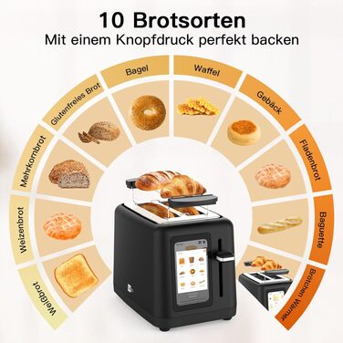 Тостер aeco toastlab Elite 2-слотовий з підставкою для булочок, широкі слоти, 6 рівнів підсмажування, 10 програм, 850W, LCD-дисплей, функція підняття, розморожування, піддон для крихт
