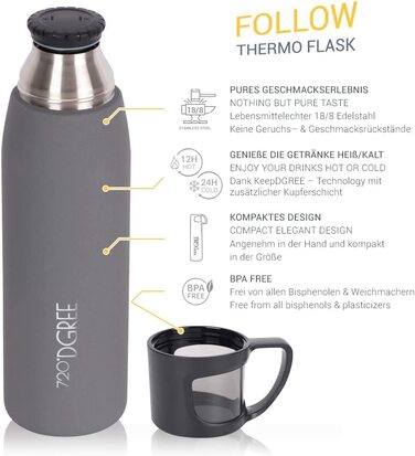 Термос 720°DGREE Follow з чашкою, 1000 мл, нержавіюча сталь, герметичний, BPA-free, для кави та чаю, сірий матовий, для дітей, школи, роботи, outdoor
