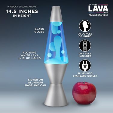 Лава-лампа Lava Lampe 2103 (36,8 см): білий віск, синя рідина, срібляста основа та ковпак — оригінальний нічний світильник для створення атмосфери